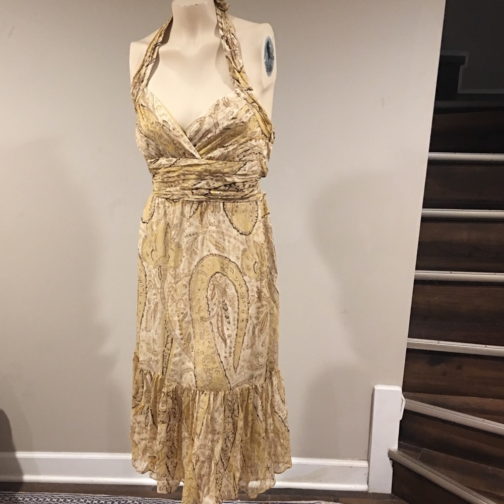 BCBGMAXAZRIA Paisley Halter Silk Dress Gold Size 8 - Picture 1 of 8